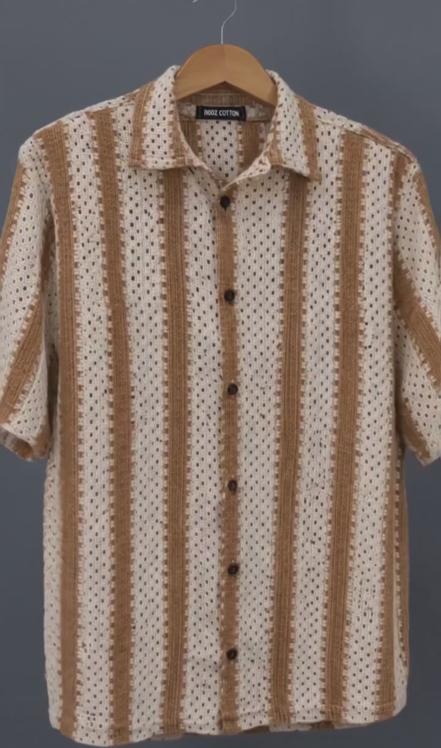 Trendy Men’s Beige Brown Crochet Shirt – Soft Cotton Half Sleeve Shirt