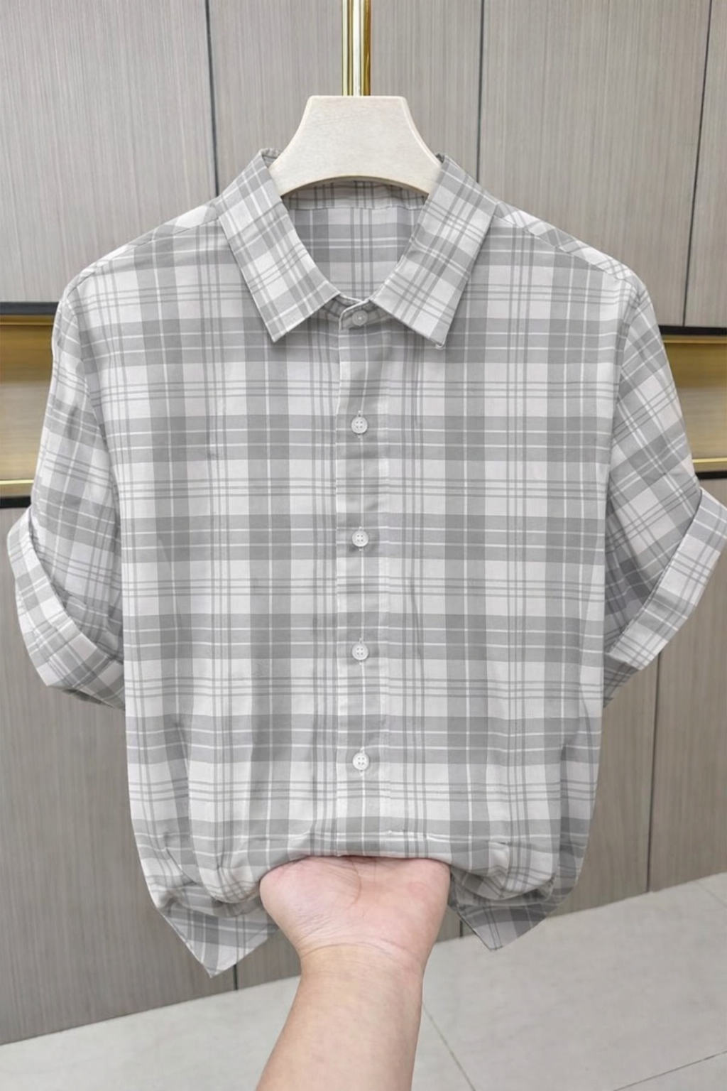 Men’s Grey Checkered Shirt – Classic Casual Slim Fit
