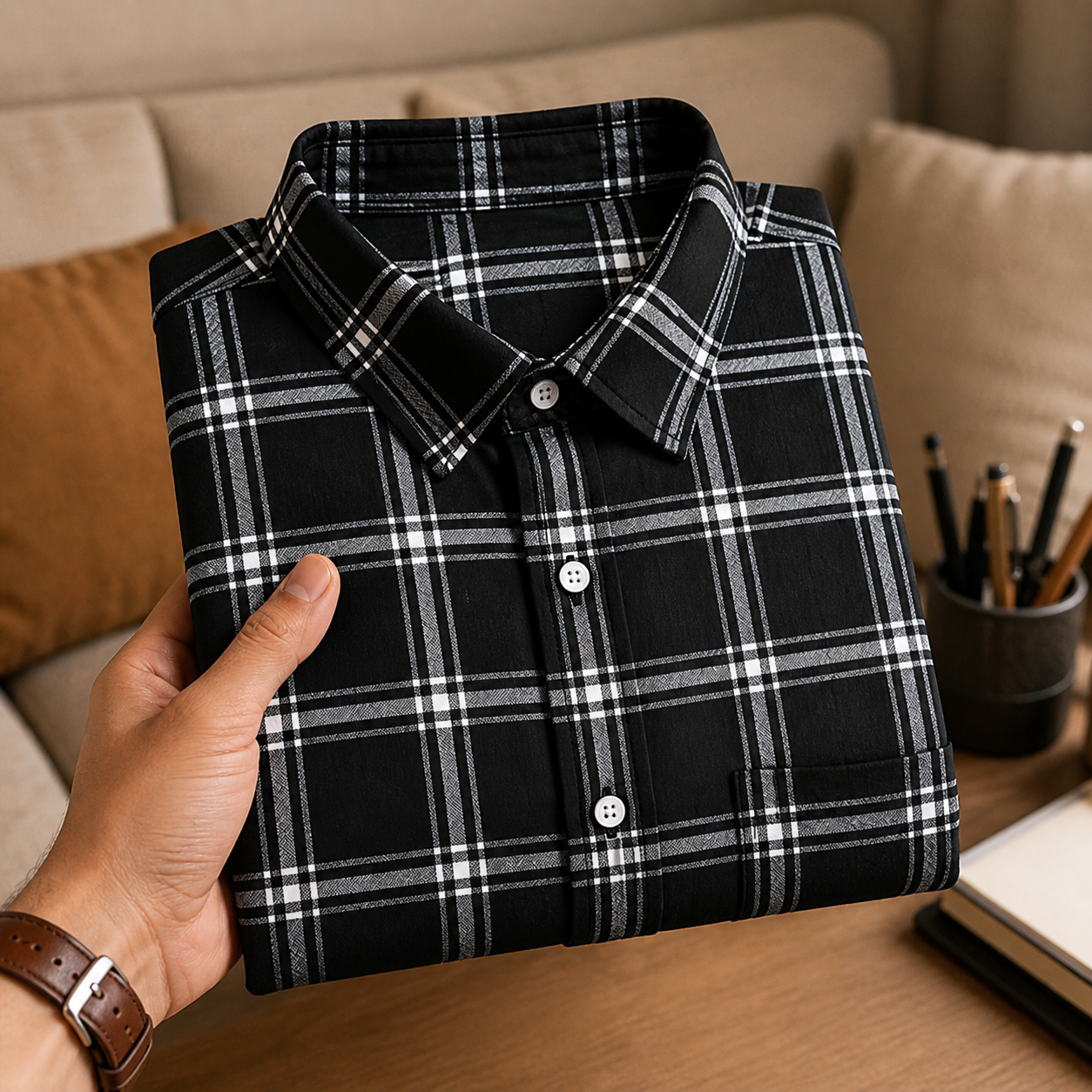 Black & White Checked Shirt | Slim Fit Casual Plaid Shirt | Full Sleeve Cotton Blend Shirt