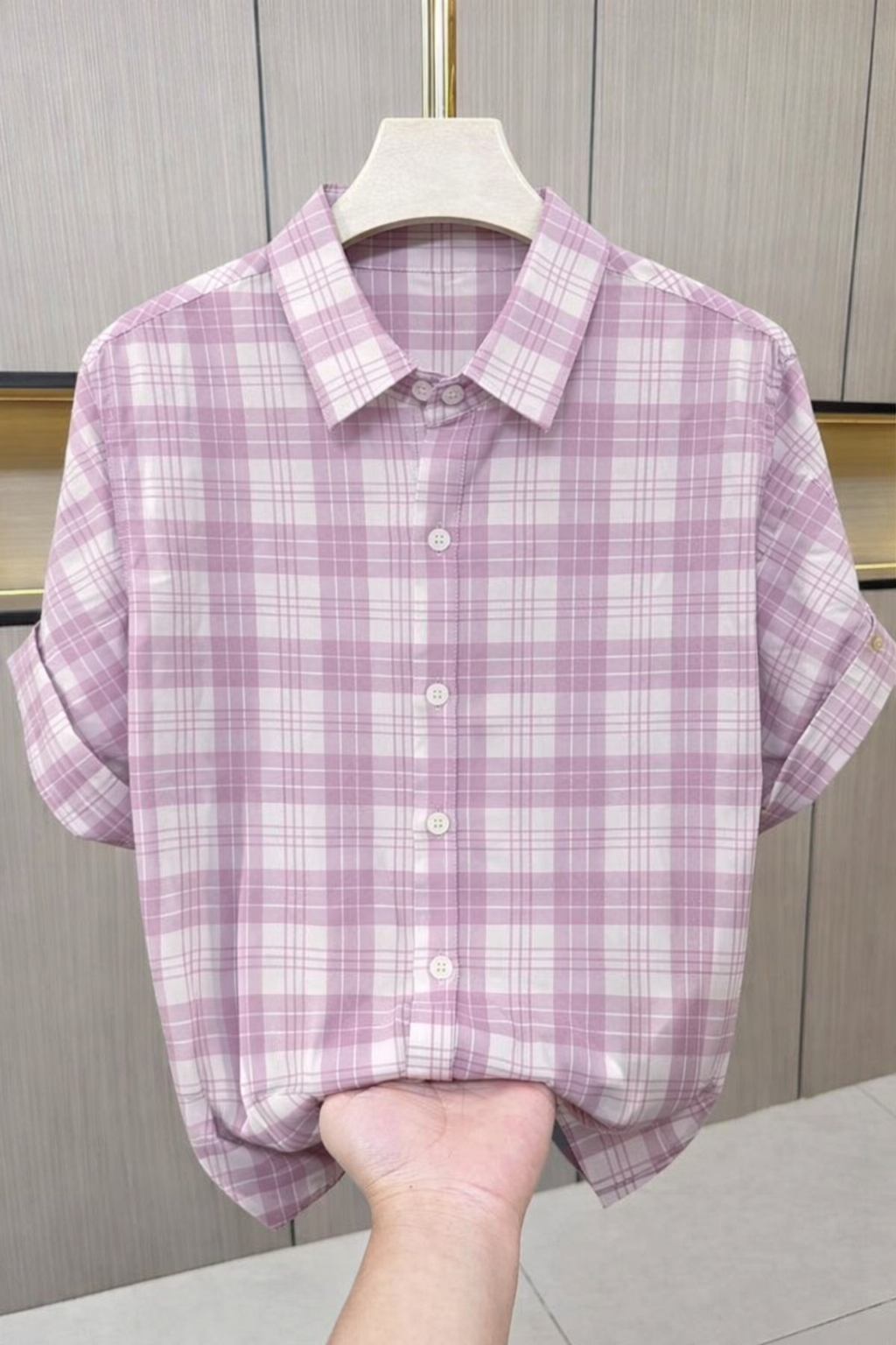 Men’s Pink Checkered Shirt – Soft Pastel Casual Slim Fit