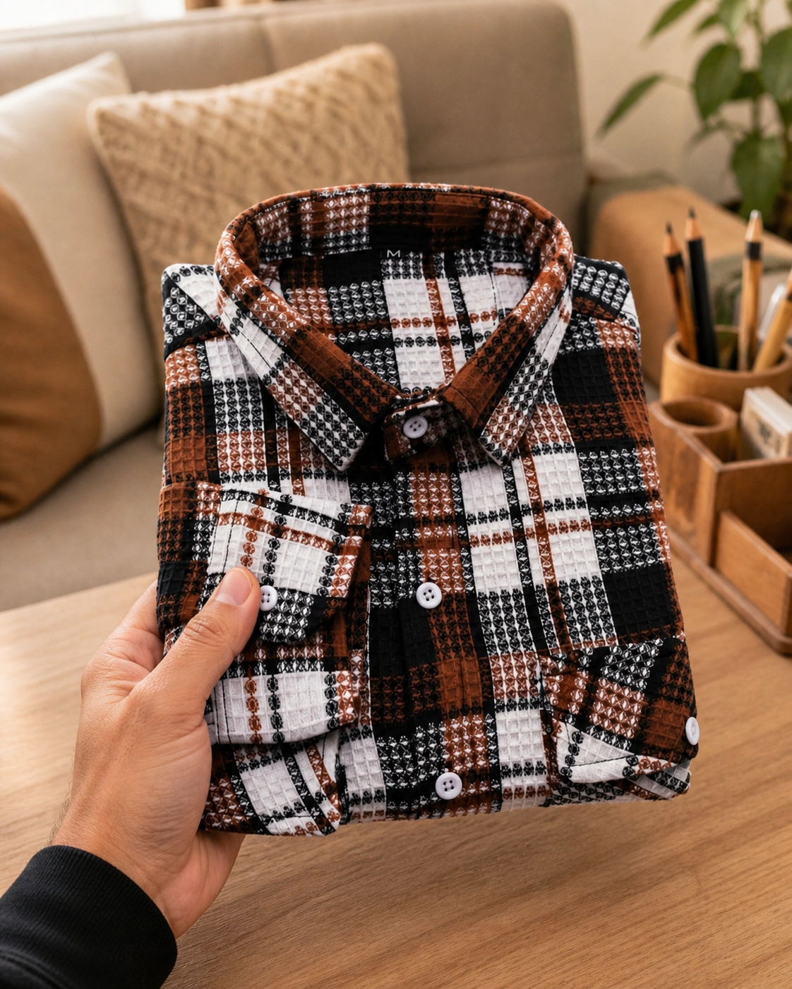Premium Brown & Ivory Textured Checkered Shirt