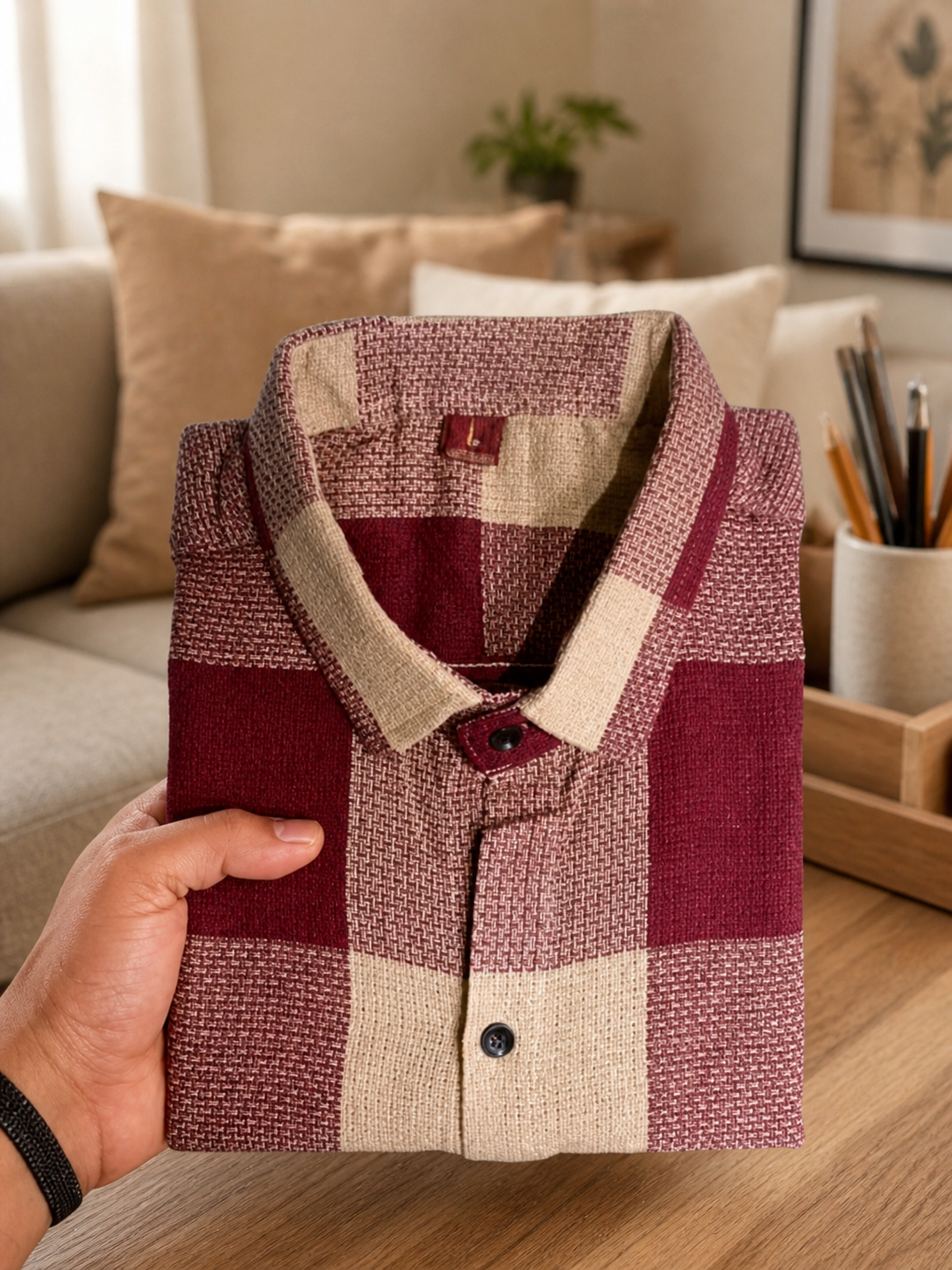 Premium Maroon & Beige Checkered Cotton Shirt