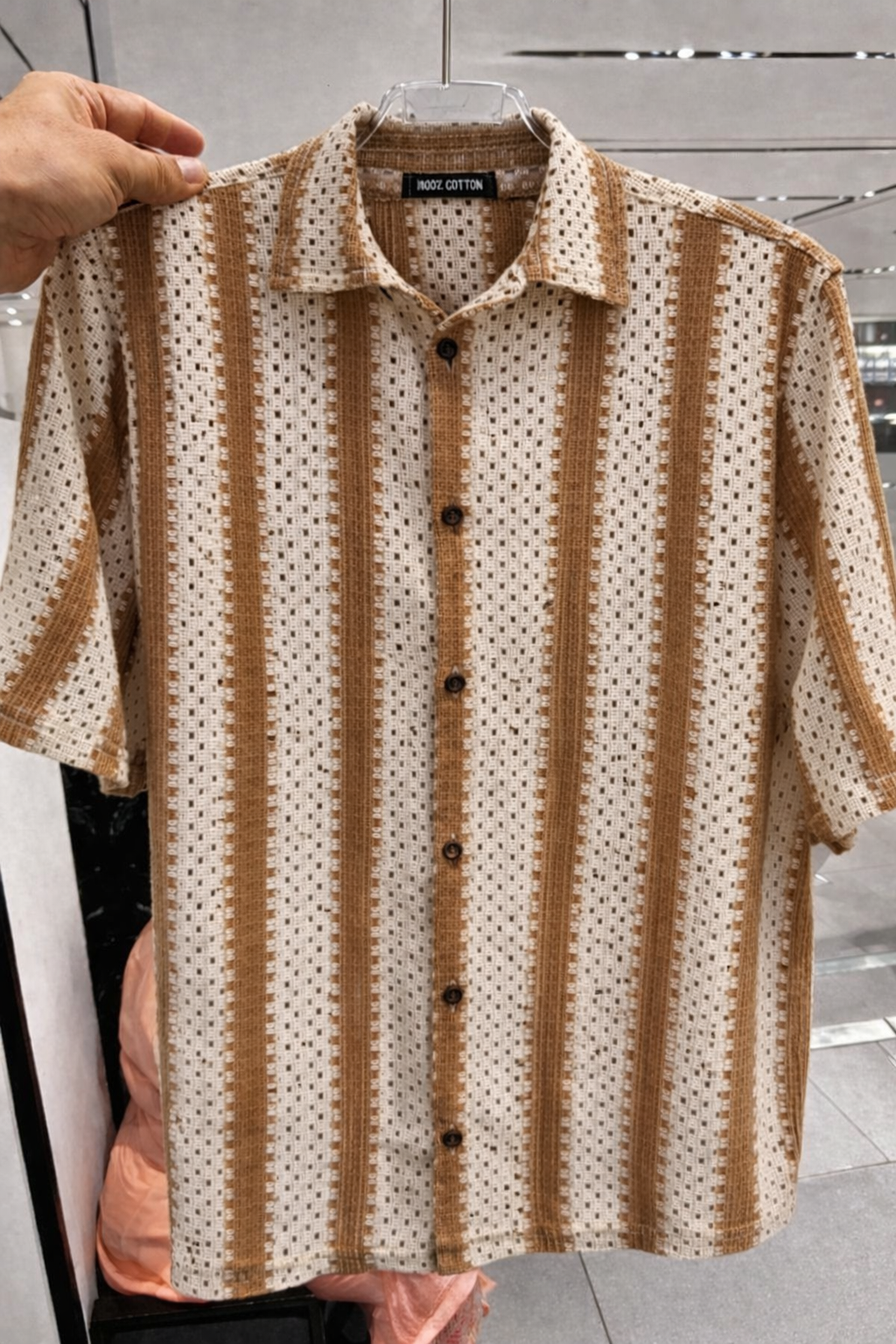 Trendy Men’s Beige Brown Crochet Shirt – Soft Cotton Half Sleeve Shirt