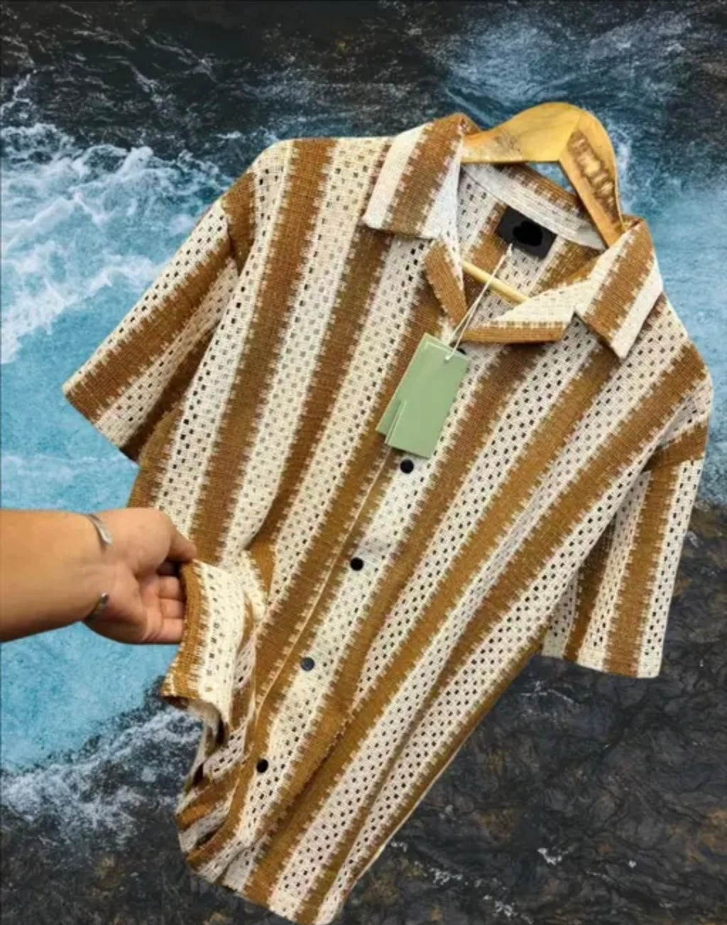 Trendy Men’s Beige Brown Crochet Shirt – Soft Cotton Half Sleeve Shirt