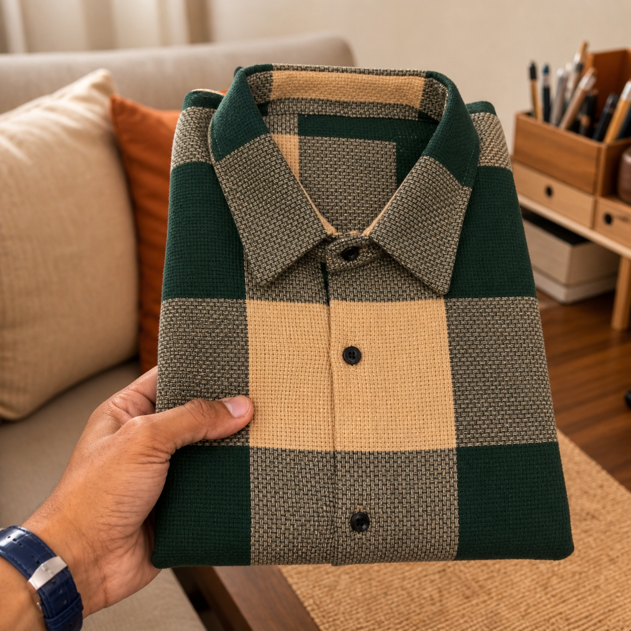 Premium Green & Beige Checkered Casual Shirt – Soft Cotton Blend | Stylish Everyday Wear